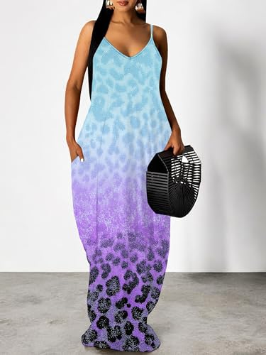 Image of Women's Summer Maxi Dress Spaghetti Strap Floral Boho Beach Long Sundress with Pockets