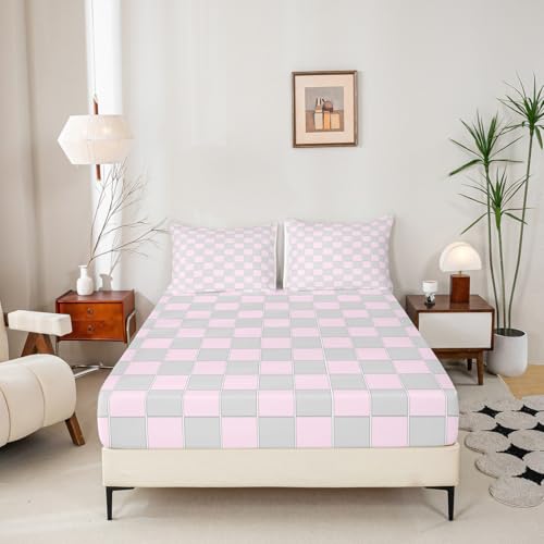 Image of Erosebridal Pink and Grey Plaid Sheet Set Full Cute Checkered Bed Sheets Geometric Grids Gingham Bedding for Kids Boys Girls,Soft Lightweight Bed Sheets Set 4 Piece