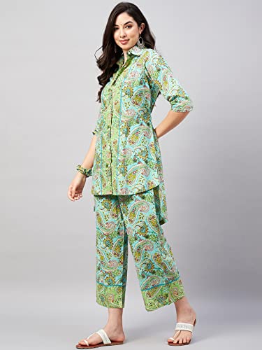 Image of WineRed Women Green Paisley Print Hi-Low Co-ord Set
