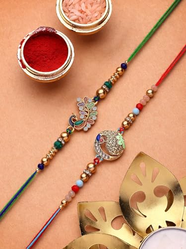 Image of Sukkhi Rakhi Iconic Designer Kundan Meenakari Red Green Gold Plated Premium Rakhi for Brother with Roli Chawal & Greeting Card|Rakhi for Brother /Bhaiya /Bhai /Men|Rakhi Combo-Set of 2