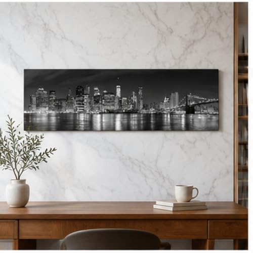 Wieco Art New York Manhattan Night View in Black and White Giclee Canvas Prints Modern Stretched and Framed Art work Cityscape Pictures Paintings on Canvas Wall Art for Bedroom Home Decorations - Image 2