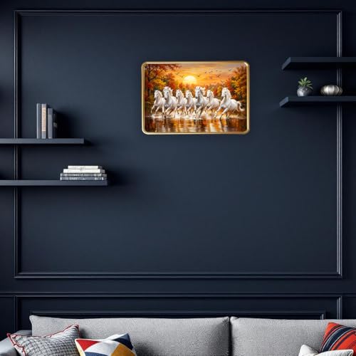 Image of Vastu 7 Seven Running Horse Photo Frame, Golden Slim Frame, Sparkle Coated Lamination, 30x45 cm (Design 8)