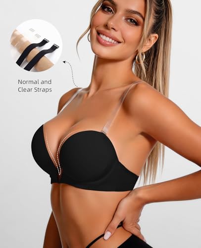 Image of YANDW Low Back Bra with Clear Straps and Back Deep V Plunge Push Up Low Cut Bras Underwire Add Two Cup
