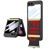 ESONG Case for Samsung Galaxy Z Flip7 With Back Screen Protector/Leather Wristband Holder,Hinge Protection,UltraThin Wrist Strap Kickstand Hard PC Cover,Shockproof Protective Bumper Shell-Black