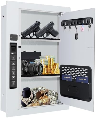 Wall Safe,Hidden Gun Safe Between Wall Studs with Battery Display&Type-C Port, with Document Organizer/Removable shelves/Key hook–Protect Valuables,Handgun, Jewelry, Documents,Cash (Digital Keypad)
