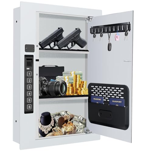Wall Safe,Hidden Gun Safe Between Wall Studs with Battery Display&Type-C Port, with Document Organizer/Removable shelves/Key hook–Protect Valuables,Handgun, Jewelry, Documents,Cash (Digital Keypad)