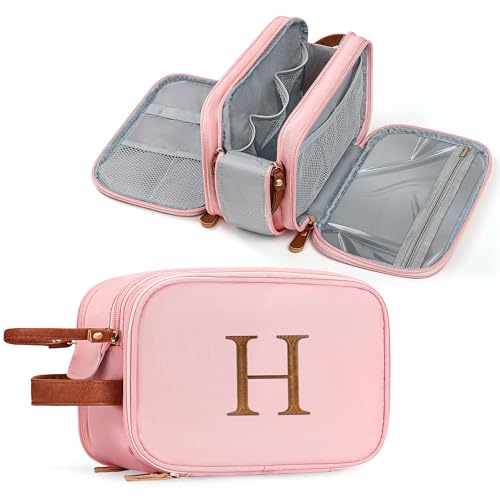 YOOLIFE Toiletry Bags for Traveling Women - Travel Toiletry Bag Initial Makeup Bag, Portable Toiletries Cosmetic Bag, Airplane Travel Essentials Letter H Pink