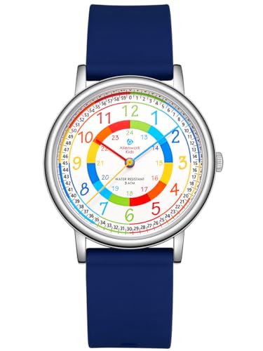 Alienwork Montre Pédagogique Apprendre l'Heure Enfants Garçon Fille Argent Bracelet en Silicone Bleu Marin Multicolore Enfants Temps d'apprentissage Très Mince