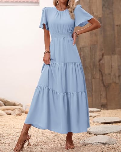Image of PRETTYGARDEN Women's Casual Smocked Boho Floral A-Line Maxi Dress 2026 | Summer Short Flutter Sleeve Crewneck Tiered Long Sundress,Fall Wedding Guest Dresses,Spring Cute Flowy Beach Vacation Clothes