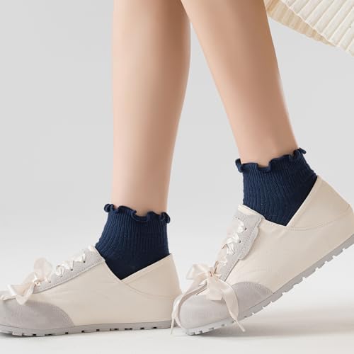 Image of Mcool Mary Womens Ankle Ruffle Socks Casual Cotton Frilly Breathable Cute Knit Lettuce Trim No Show Socks 6 Pack