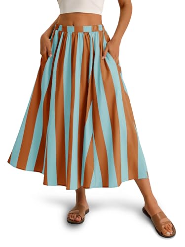 Image of Cicy Bell Womens Summer Striped Maxi Skirts A-Line Beach Vacation Outfits | Elastic Waist, Side Pockets, Flowy, Midi Length, Color Contrast, Trendy Casual