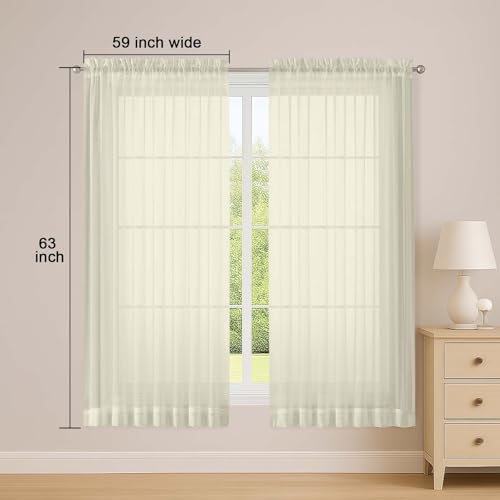 Image of OWENIE Sheer Cream Curtains, Sheer Curtains 63 inch Length 2 Panels Set, Rod Pocket Voile Fimly Sheer Drapes for Living Room Bedroom, 2pcs, Cream, Each 59 inch W x 63 inch L