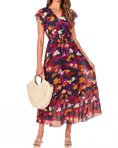 Image of BTFBM Women Summer Bohemian Floral Casual Wrap V Neck Ruffle Cap Sleeveless Belt A-Line Pleated Hem Midi Sun Dress White
