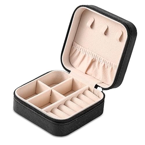 Portable Travel Mini Jewelry Box Leather Jewellery Ring Organizer Case Storage Gift Box Girls Women (black).
