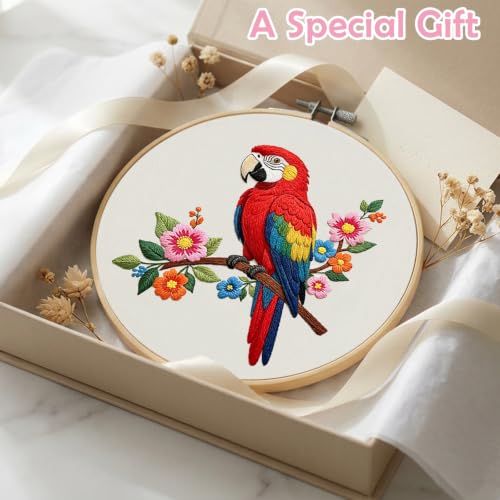 Image of Nuberlic Parrot Embroidery Kit for Beginners, Animal Cross Stitch Kit | Includes Printed Fabric, Hoop, Threads, Needles And Guide; Colorful Parrot Design For DIY Wall Decor, Gifts And Relaxing Art