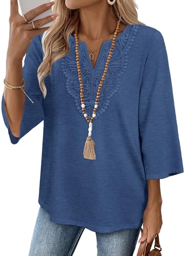 Image of WIHOLL 3 /4 Length Sleeve Womens Tops Boho V Neck Lace Shirt Trendy Blouses Dressy Casual Vacation Clothes S-3XL