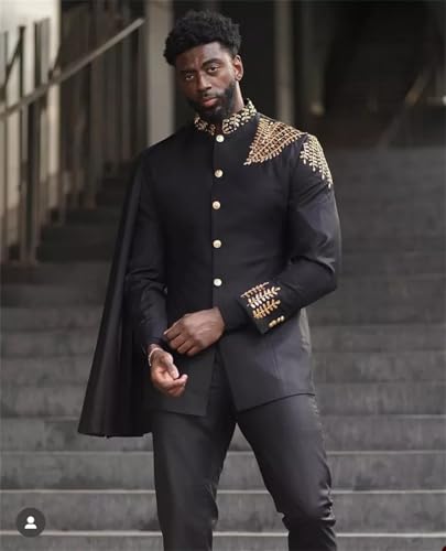African 3 Pieces Suit for Men Embroidered Beaded Tuxedo Set Slim Fit Prom Party Jacket Pants with Detachable Cape3