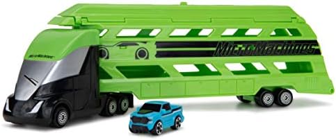 Micro Machines Mini Vehicle Hauler in Green - Includes One Exclusive MM Car - Open The Top of The Trailer/Lower The Back Ramp, Load Up to Eight Cars - Collect Them All