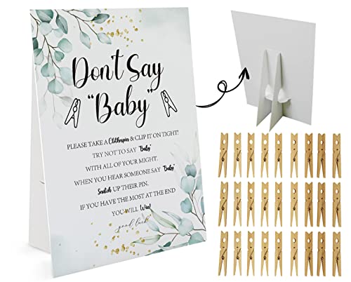 GNATV Greenery Don't Say Baby Game （1 Sign and 50 Mini Natural Clothespins） Don't Say Baby Baby Shower Game, Baby Shower Decorations, Baby Shower Games Gender Neutral, Garden Baby Shower Game (DS08)