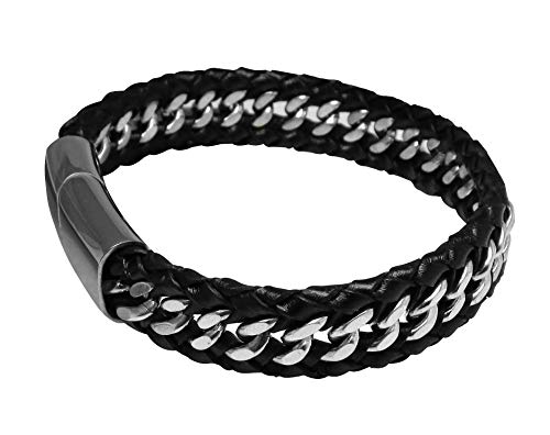 AM15103 Bracelet gourmette en cuir tressé Noir 17 cm Pour homme et femme