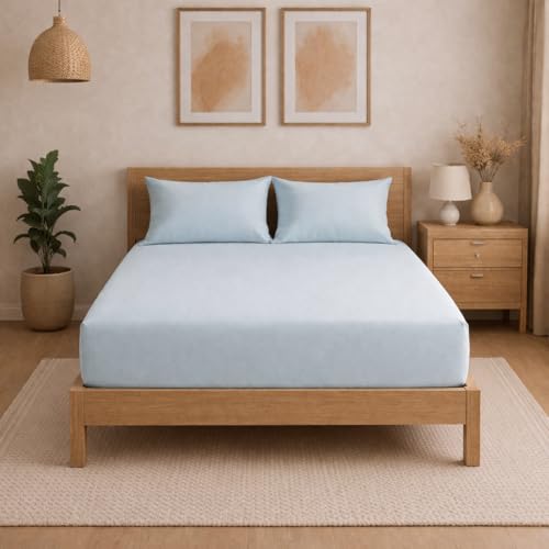 Image of THE HOME STYLE Solid Plain Cotton Feel Fitted Bedsheet King Size (72x78 inches) | 2 Pillow Covers | 300 TC | Elastic Fit | Fits Upto 8 Inch Mattress (Sky)