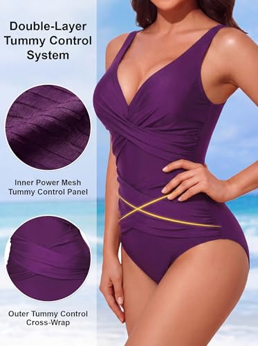 Image of Smismivo Tummy Control Swimsuits for Women Slimming One Piece Bathing Suit Retro Ruched Push Up Vintage Padded Swimwear