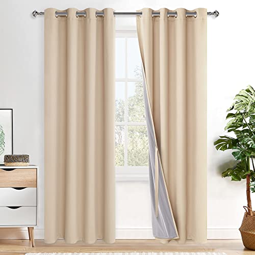 XWZO Cortinas opacas 100 % opacas, cortinas opacas de doble capa con ojales, aislamiento acústico, juego de 2 cortinas térmicas para dormitorio, 220 x 140 cm (alto x ancho), beige