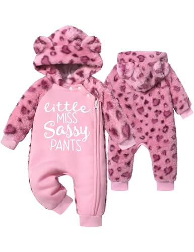 Image of ADIFUN Baby Girl Onesie Snowsuit Bear Outfit Winter Leopard Print Fleece Hoodie Romper Zip Closure Clothes Set