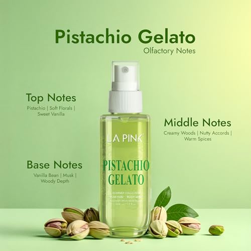 Image of La Pink Body Mist Perfume for Woman | Pistachio Gelato Tropical Gourmet Aroma with Vanilla, Musk & Creamy Woods | Skin Friendly Unisex Long Lasting Fragrance Spray | Lasts Up to 6 Hours | 50ml