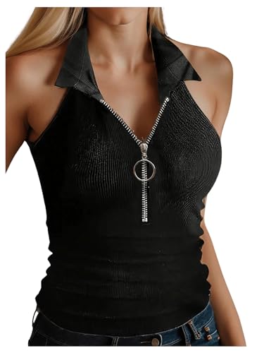 WDIRARA Women's Half Zip Up Collared Halter Tops Sleeveless Slim Fitted Tank Tops Black Small