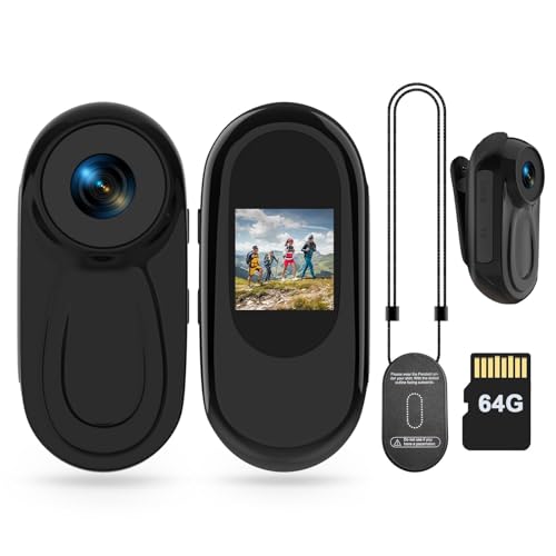 Mini Body Camera HD 1080P Thumb Action Cam Wearable Body Cam with 64GB Card Night Vision 0.9 Display Magnetic Pendant POV Cam Small Pocket Camera Portable Sports Cam for Pet Cycling Vlogging
