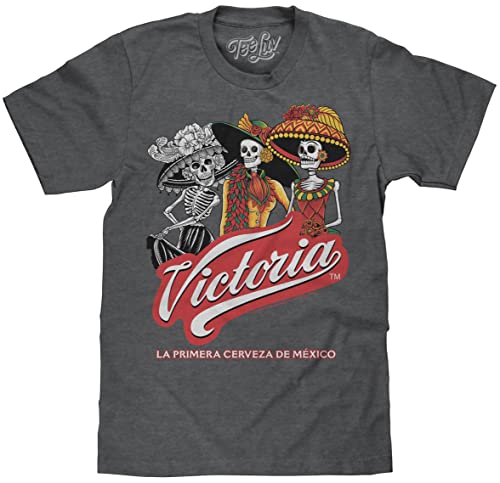 Tee Luv Victoria Beer T-Shirt - Mexican La Catrina Graphic Tee (Charcoal Heather) (M)