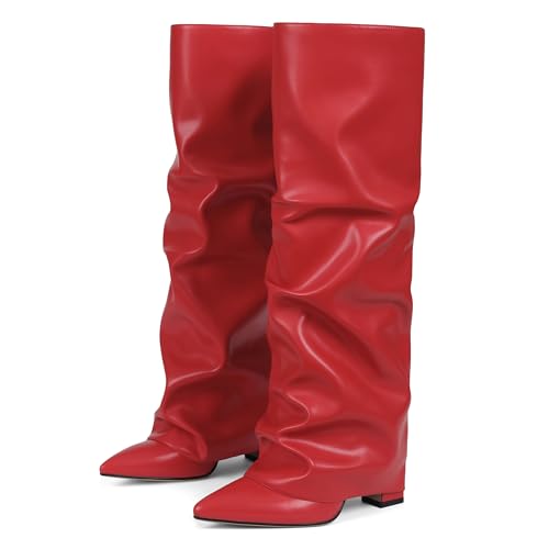 Image of SaraIris Women's Slouchy Knee High Boots - Black, Pointed Toe, Fold Over, Chunky, Shark Boots