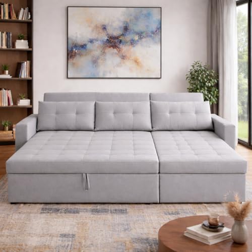 Image of Emilio 4 Seater RHS L - Shape Pull-Out Sofa Cum Bed Sofa for Living Room (Grey Fabric Color) Premium Fabric Sofa Set for Living Room Sofa Cum Bed