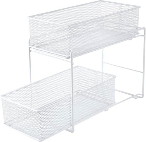 Apaeofl シンク下スライドラック 2段 メッシュメタル キッチン収納ラック 調味料収納棚 (ホワイト)