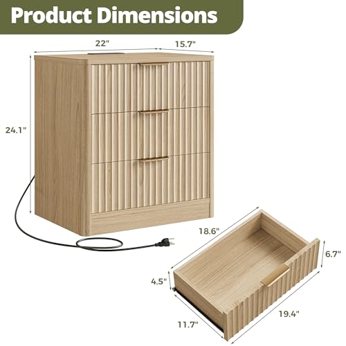 Image of IRONCK Fluted Night Stand Set of 2, Natural Oak | 22 inch Modern Nightstand with Charging Station & 3 Drawers, Bedside Table for Bedroom