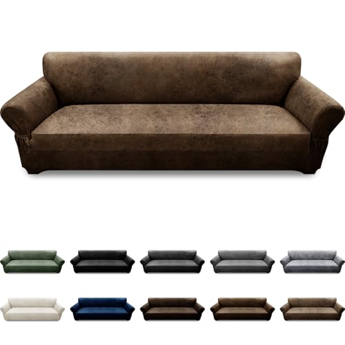 Pfrstuv Oversized Sofa Slipcover Leather Look Couch Cover for 4 Seater Sofa 1-Piece Sofa Cover Stretch Furniture Protector with Elastic Bottom & Pockets(XL Sofa, Brown)