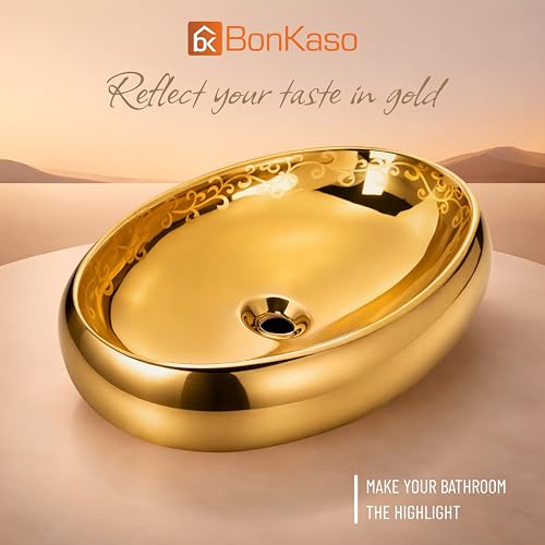 Image of BONKASO Pearl 1006 Luxury Golden Polished Ceramic Table Top Wash Basin (61 x 43 x 14.5 cm) | Large Countertop Bathroom Sink | Modern Designer Vanity Wash Basin