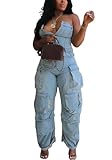 LKOUS Casual Cargo Denim Jumpsuit for Women, Elastic Stretch Multi Pockets Button Down Straight Leg Jeans Jumpsuits