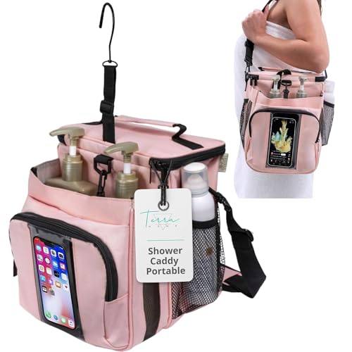 TERRA HOME XL Portable Shower Caddy Bag for Girls with Extra Storage, Durable Mesh Bottom, Shoulder Strap, Keychain Holder Shower Caddy Case for College Dorms - Travel Vacation Essentials (Blush Pink)