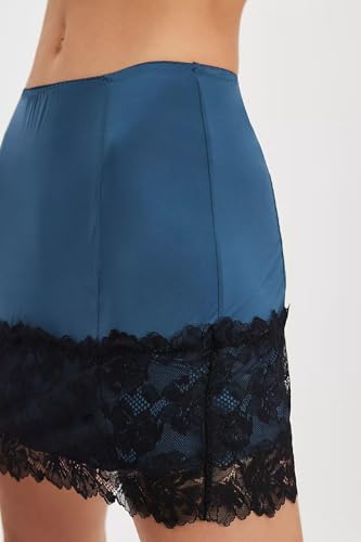 Women Satin Lace Mini Skirt Elastic Waist Pleated Short Skirts Flowy Lace Trim Half Slip Skirt for Under Dress4