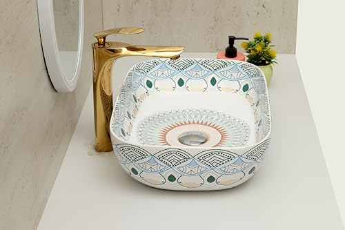 Image of Moroccan Design Ceramic Tabletop Wash Basin | Countertop Vessel Sink | Wash Basin over counter For Bathroom Hotel Home (18x13x5.5 Inch) (TORO 4014) (Moroccan Design 115)