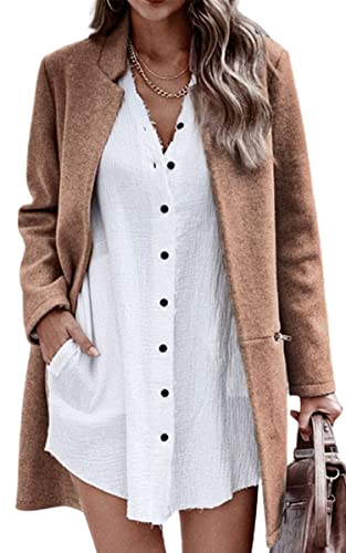 Image of Angashion Women’s Coat, Long Sleeve Stand Collar Cardigan Mid-Long Open Front Outwear Overcoat with Zipper Pockets Camel Medium
