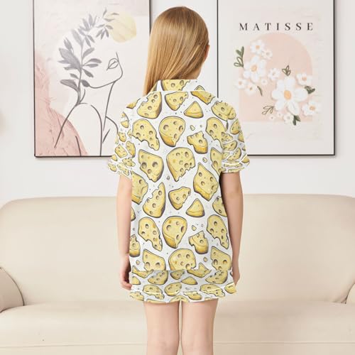 Satin Pajama Sets Short Sleeve Cartoon Cheese Slices Pattern Button Down Silky Nightwear 2 Piece PJS 5-14Y4
