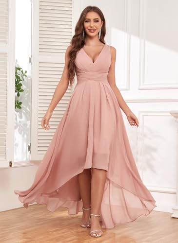 Fu Jiang Women's Chiffon Pleated Bridesmaid Dresses for Wedding Long High Low Formal Evening Dress with Pockets3