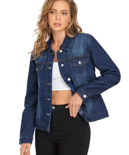 Peiqi Classic Jean Jackets For Women Basic Long Sleeve Button Downs Denim Jackets Dark Blue L #TOP2