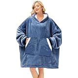 Kipswiza Oversized Wearable Blanket Hoodie, Cozy Sherpa Hooded Blankets Sweatshirt for Women Men Mom Daughter with Big Pockets as Gifts - Denim Blue