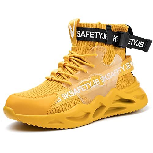 COMFOX Safety Shoes Men Women High Top Steel Toe Trainers Lightweight Work Anti Slip Boots Breathable Industrial Sneakers(Yellow,UK8)