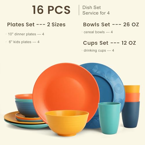 Image of Homienly Dish Set Wheat Straw Dinnerware Sets Unbreakable Reusable Dinnerware Set 16 PCS Cups Plates and Bowls Sets, Microwave and Dishwasher Safe Dishes for Camping, Outdoor - Colorful