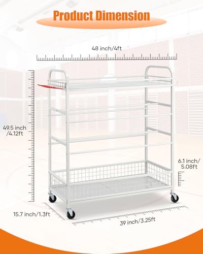 EXTCCT Garage Sports Equipment Organizer - Rolling Ball Storage Bin with Wheels, Garage Sports Gear Rack Outdoor Basketball Racks for Balls with Baseball Bat Holder and Hooks, Toy Organizer(White) - Thumbnail 5